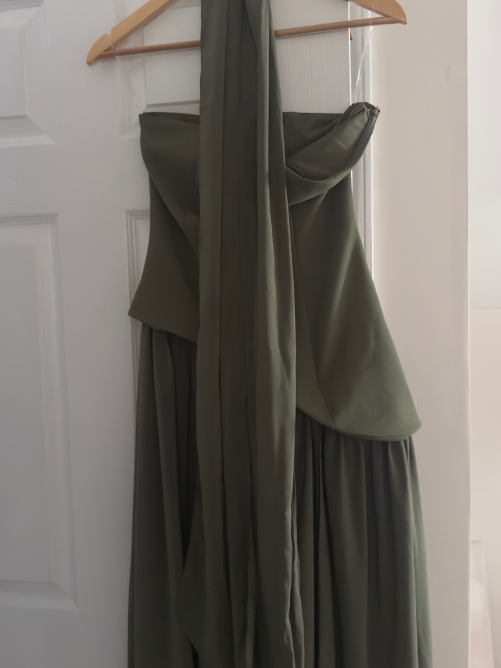 Oh Polly Olive Green Strapless Draped Gown